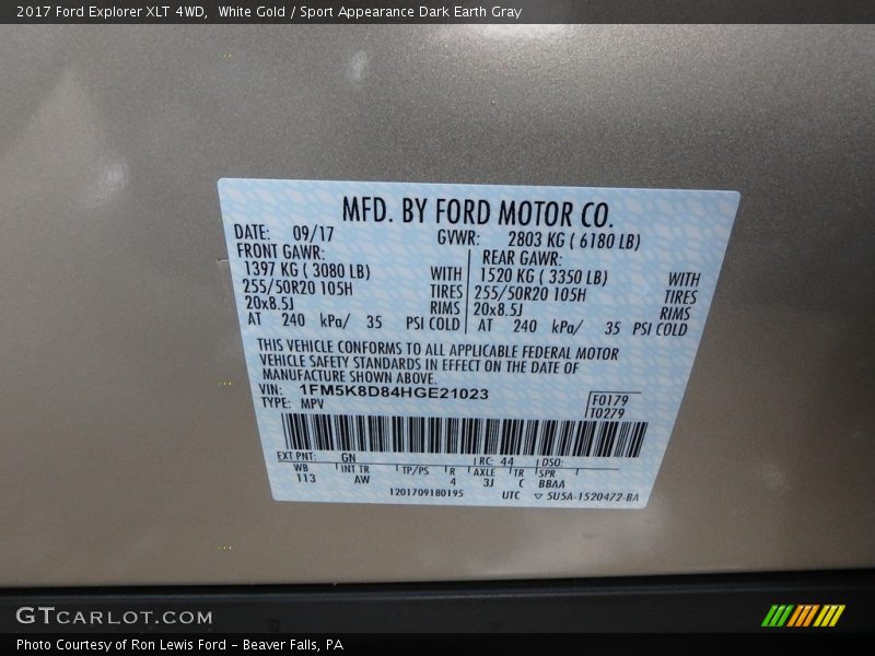 White Gold / Sport Appearance Dark Earth Gray 2017 Ford Explorer XLT 4WD