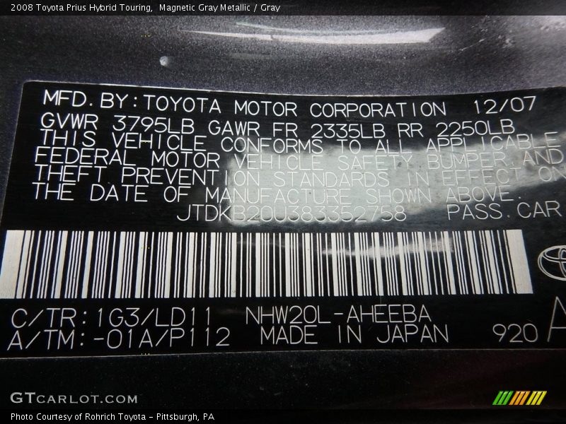 Magnetic Gray Metallic / Gray 2008 Toyota Prius Hybrid Touring