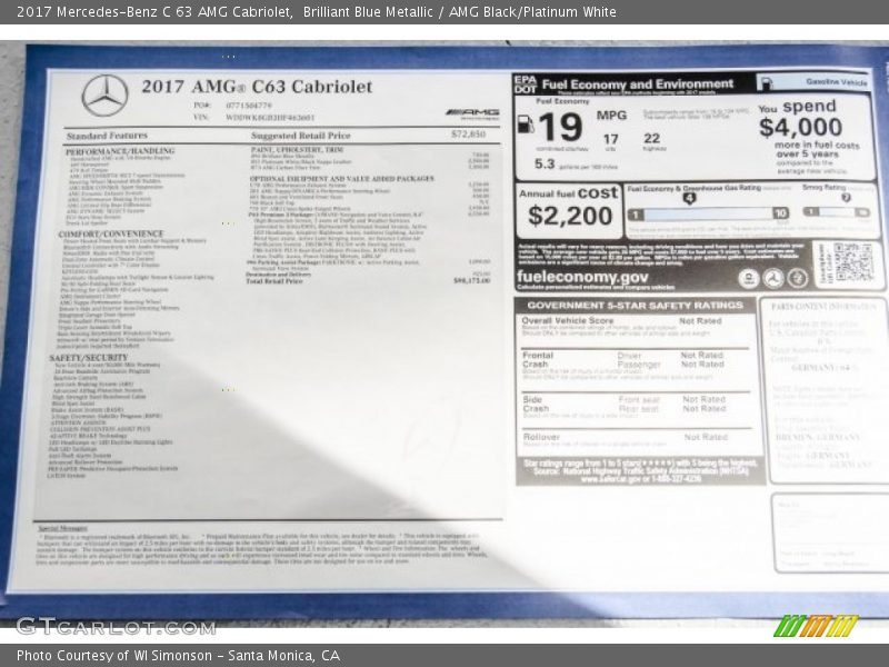  2017 C 63 AMG Cabriolet Window Sticker