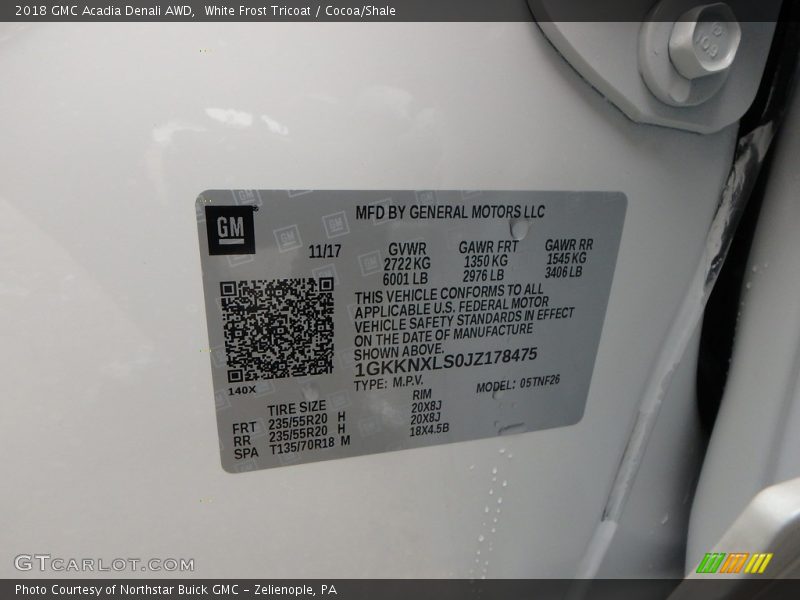 White Frost Tricoat / Cocoa/Shale 2018 GMC Acadia Denali AWD