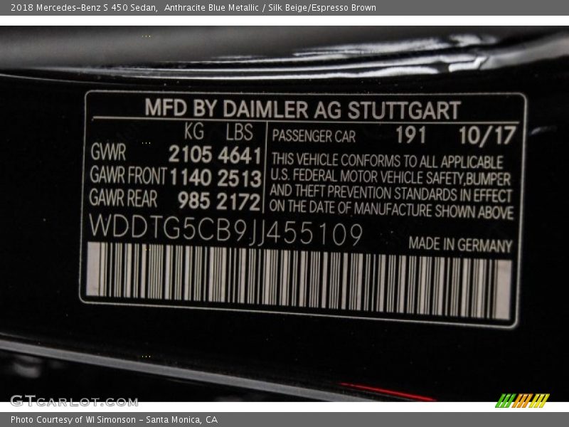 Anthracite Blue Metallic / Silk Beige/Espresso Brown 2018 Mercedes-Benz S 450 Sedan