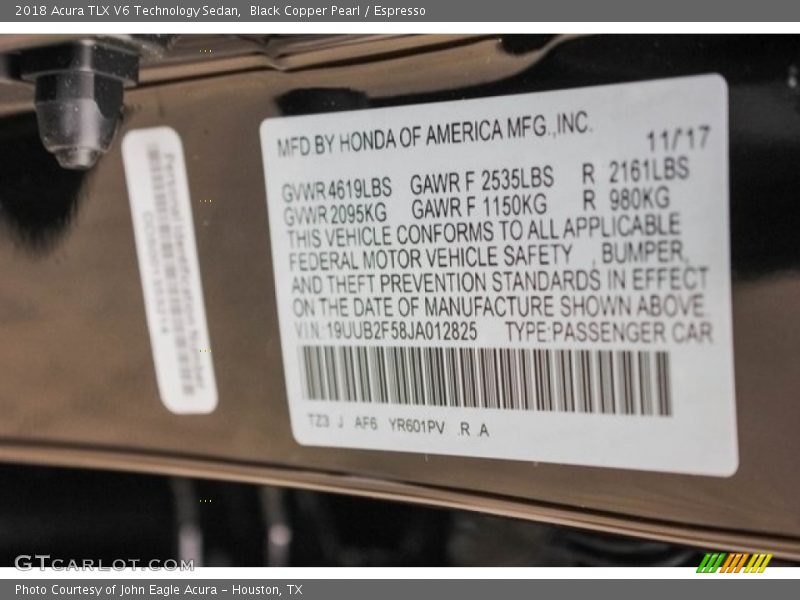 2018 TLX V6 Technology Sedan Black Copper Pearl Color Code YR601PV