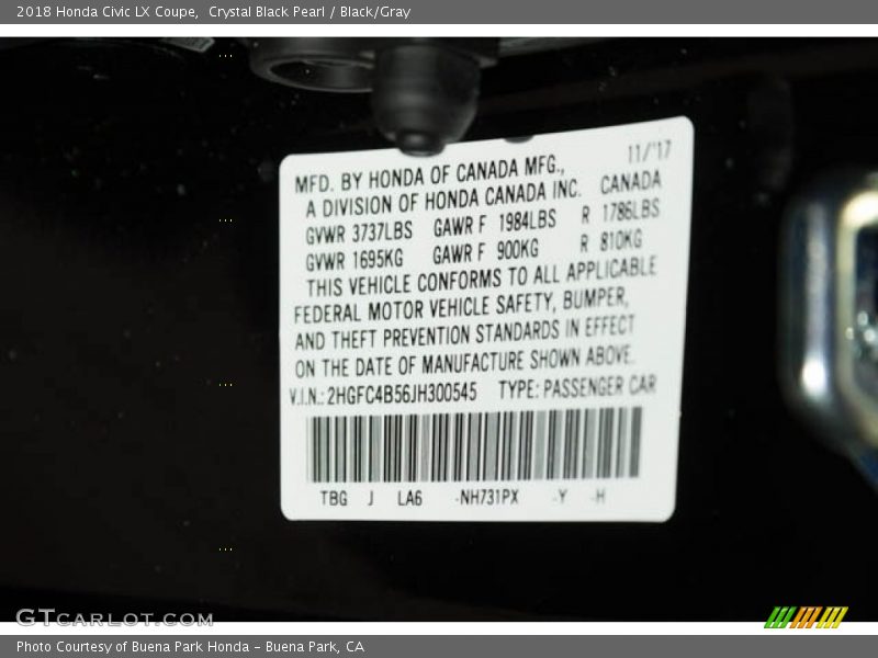 Crystal Black Pearl / Black/Gray 2018 Honda Civic LX Coupe