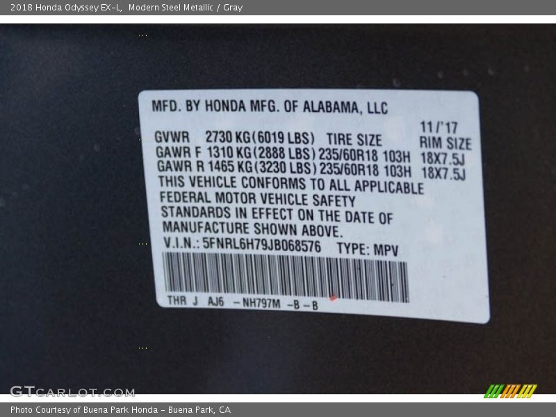 Modern Steel Metallic / Gray 2018 Honda Odyssey EX-L