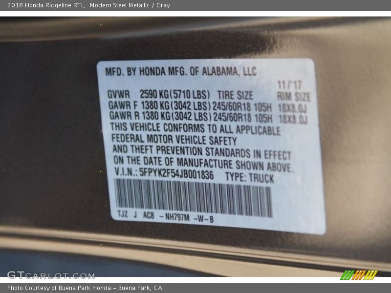 Modern Steel Metallic / Gray 2018 Honda Ridgeline RTL