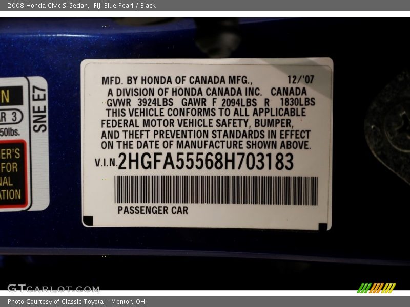 Fiji Blue Pearl / Black 2008 Honda Civic Si Sedan
