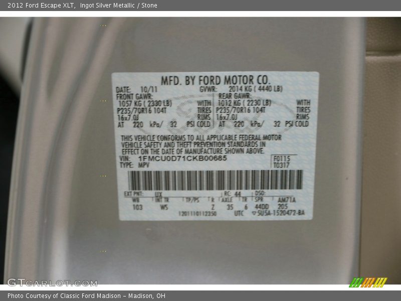 Ingot Silver Metallic / Stone 2012 Ford Escape XLT