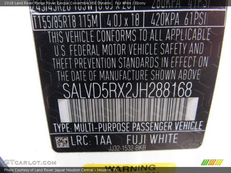 2018 Range Rover Evoque Convertible HSE Dynamic Fuji White Color Code 1AA