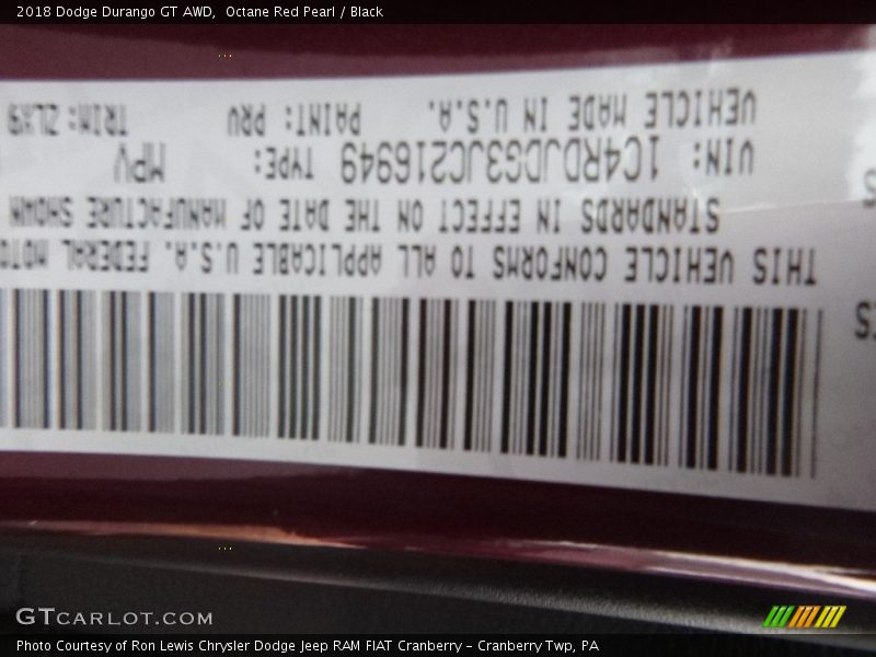 Octane Red Pearl / Black 2018 Dodge Durango GT AWD
