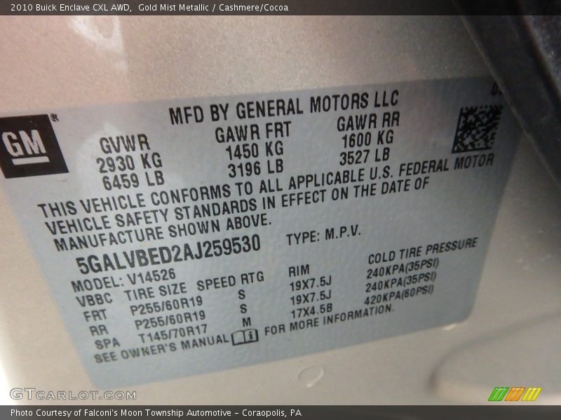 Gold Mist Metallic / Cashmere/Cocoa 2010 Buick Enclave CXL AWD