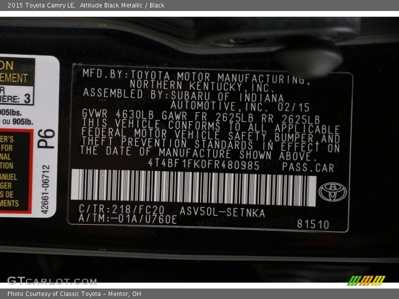 Attitude Black Metallic / Black 2015 Toyota Camry LE