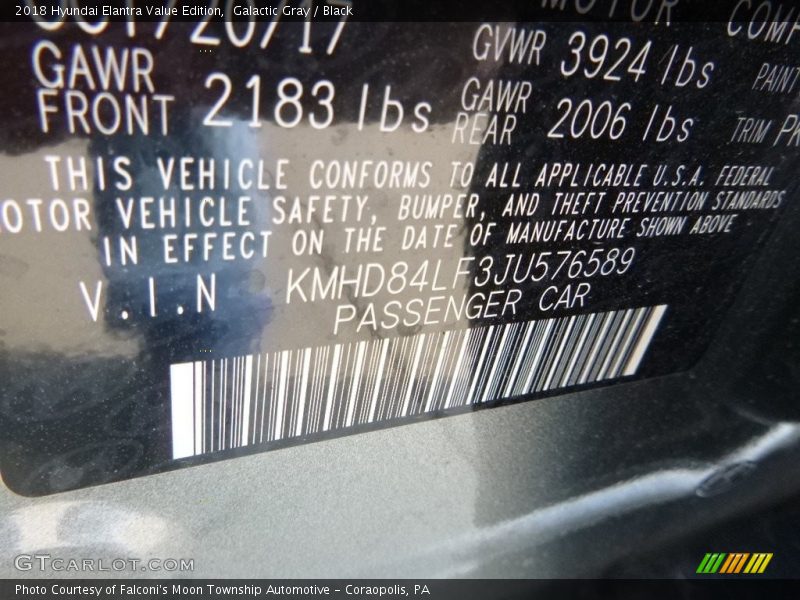 Galactic Gray / Black 2018 Hyundai Elantra Value Edition