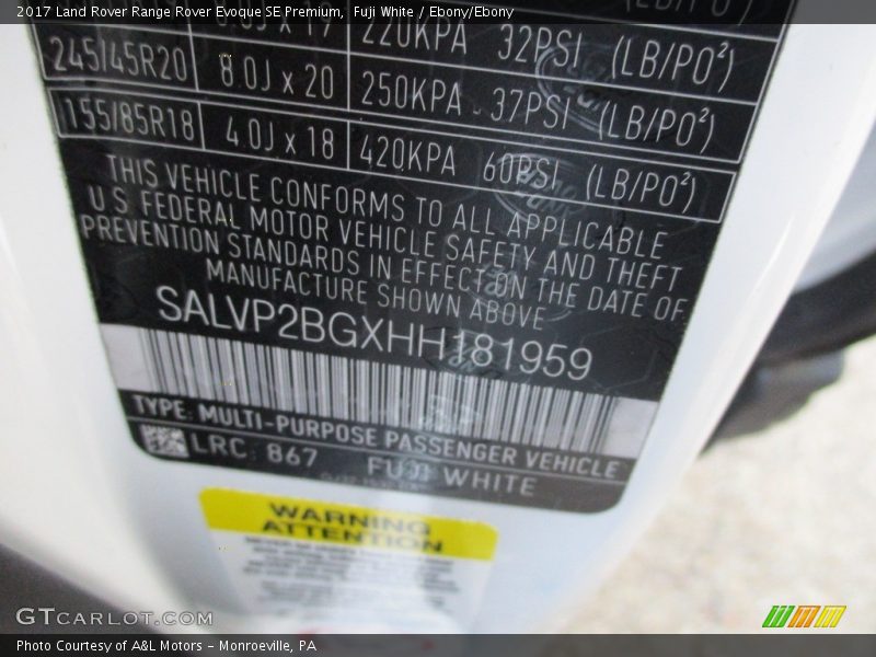 Fuji White / Ebony/Ebony 2017 Land Rover Range Rover Evoque SE Premium