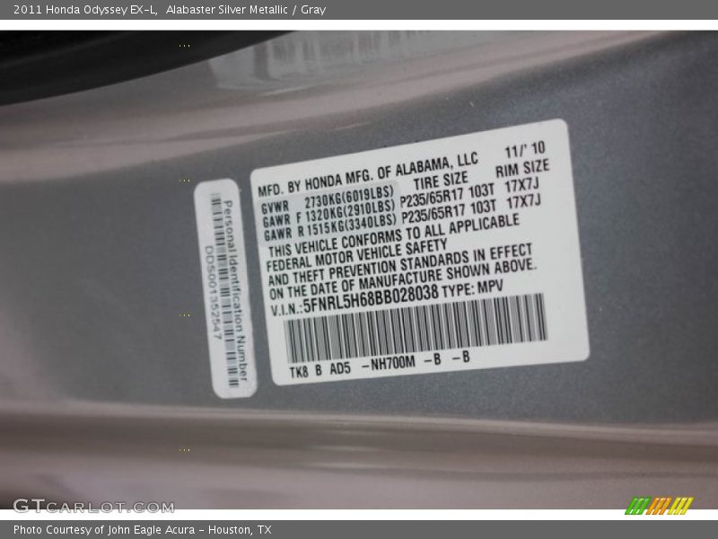 Alabaster Silver Metallic / Gray 2011 Honda Odyssey EX-L