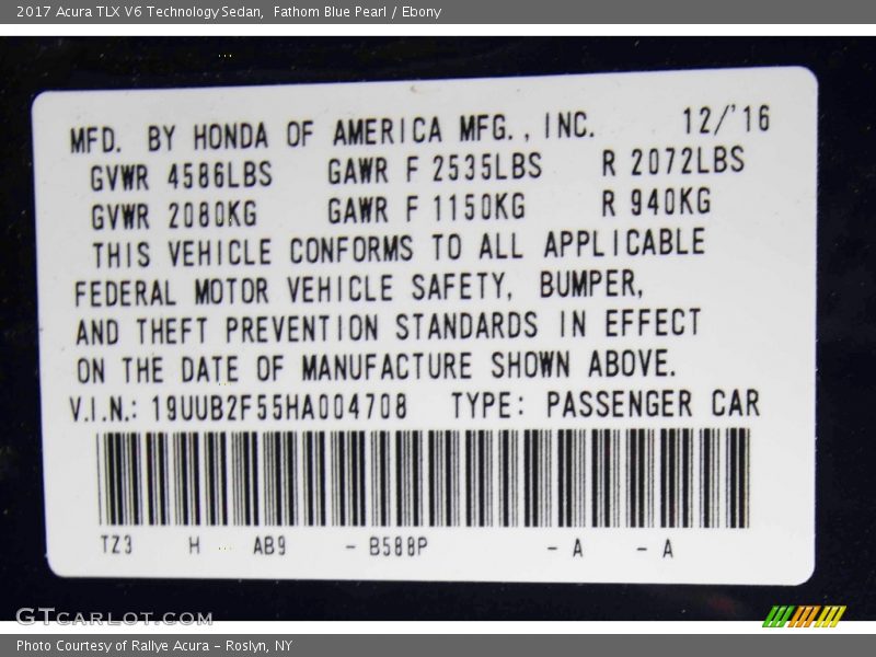 Fathom Blue Pearl / Ebony 2017 Acura TLX V6 Technology Sedan