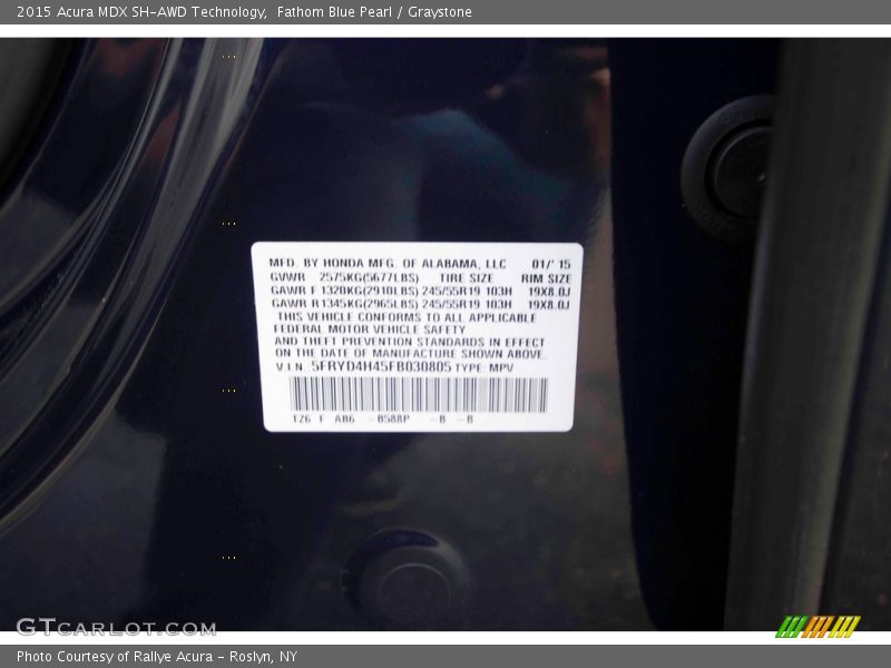 Fathom Blue Pearl / Graystone 2015 Acura MDX SH-AWD Technology