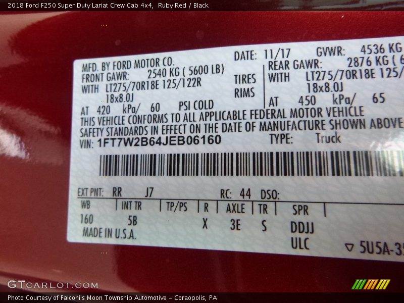 2018 F250 Super Duty Lariat Crew Cab 4x4 Ruby Red Color Code RR