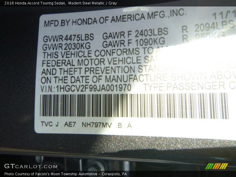 Modern Steel Metallic / Gray 2018 Honda Accord Touring Sedan