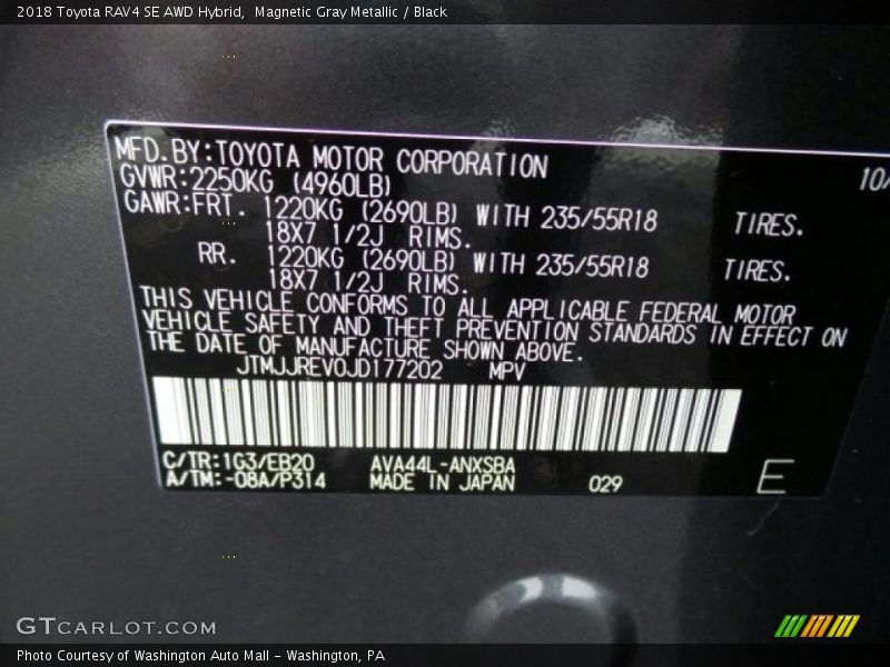 Magnetic Gray Metallic / Black 2018 Toyota RAV4 SE AWD Hybrid