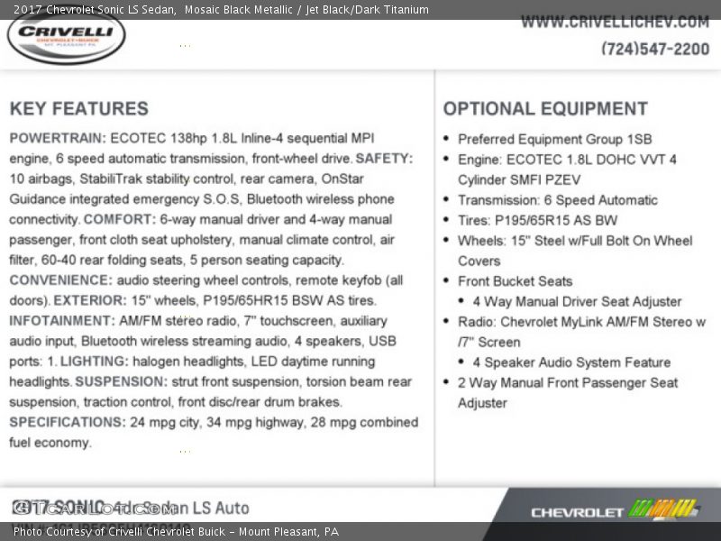 Mosaic Black Metallic / Jet Black/Dark Titanium 2017 Chevrolet Sonic LS Sedan