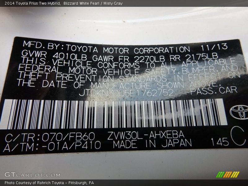 Blizzard White Pearl / Misty Gray 2014 Toyota Prius Two Hybrid