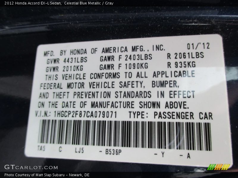 Celestial Blue Metallic / Gray 2012 Honda Accord EX-L Sedan