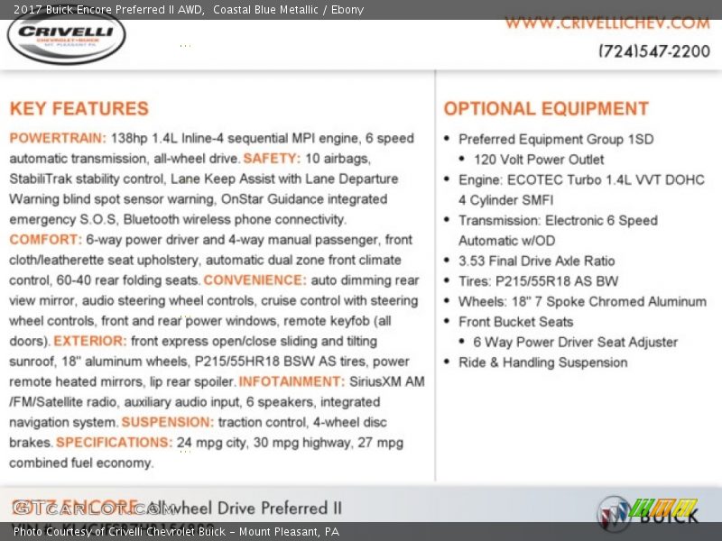 Coastal Blue Metallic / Ebony 2017 Buick Encore Preferred II AWD