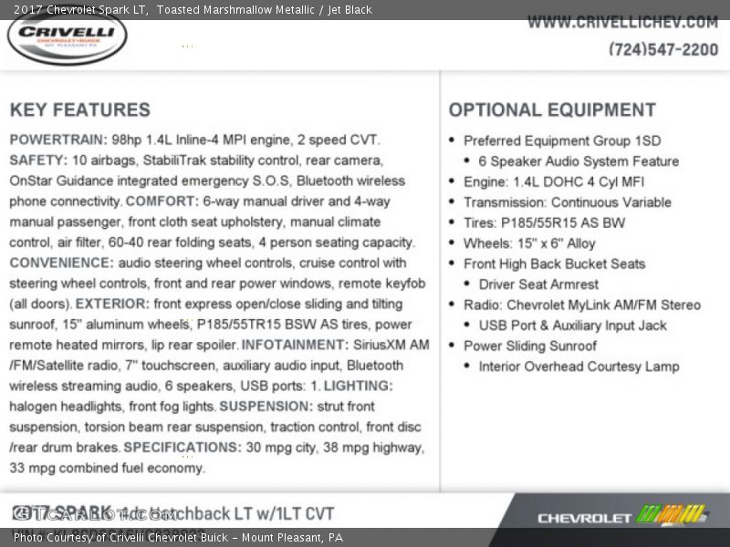 Toasted Marshmallow Metallic / Jet Black 2017 Chevrolet Spark LT