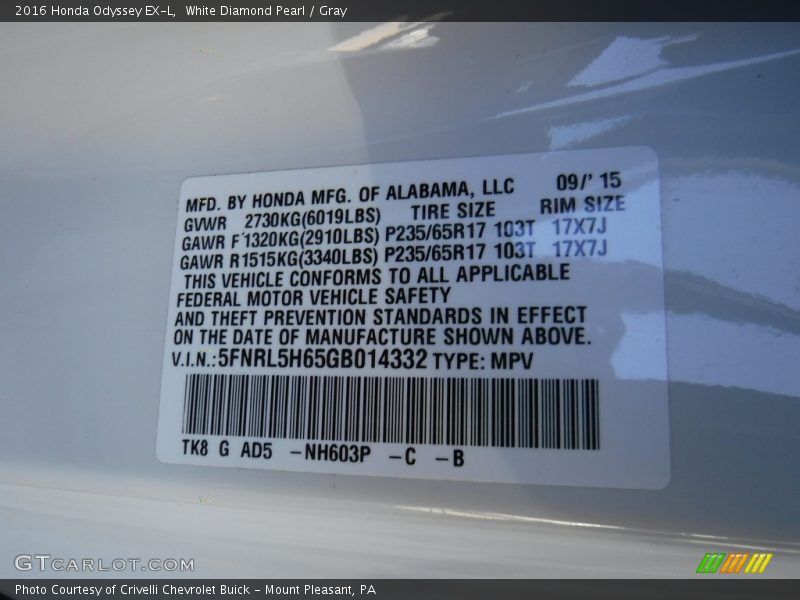 White Diamond Pearl / Gray 2016 Honda Odyssey EX-L