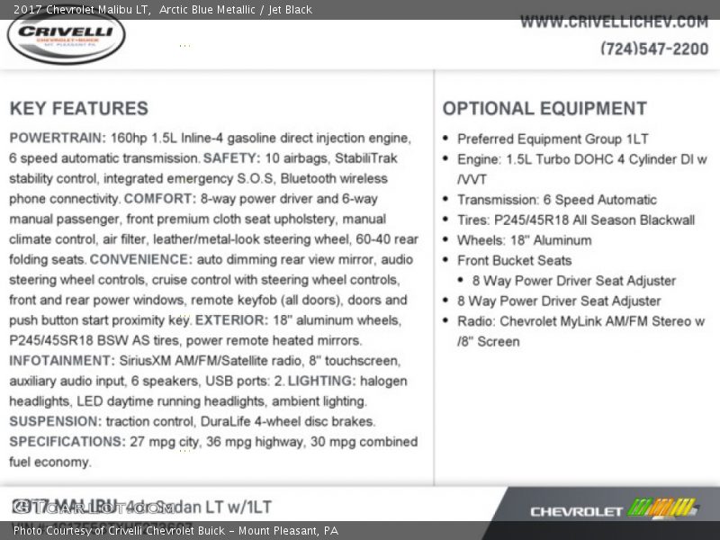 Arctic Blue Metallic / Jet Black 2017 Chevrolet Malibu LT