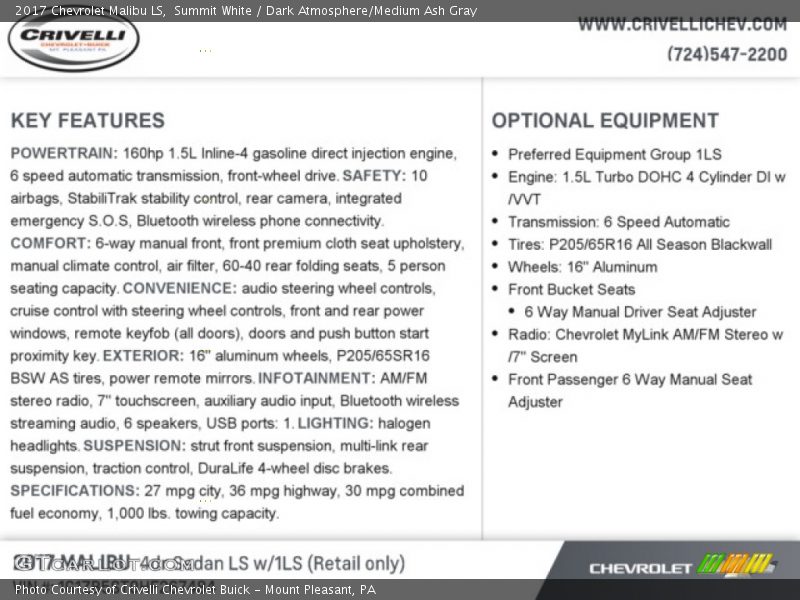 Summit White / Dark Atmosphere/Medium Ash Gray 2017 Chevrolet Malibu LS