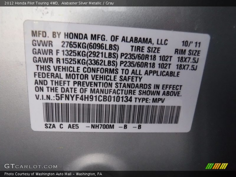 Alabaster Silver Metallic / Gray 2012 Honda Pilot Touring 4WD