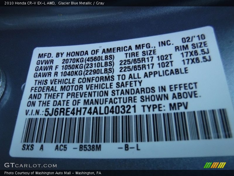 Glacier Blue Metallic / Gray 2010 Honda CR-V EX-L AWD