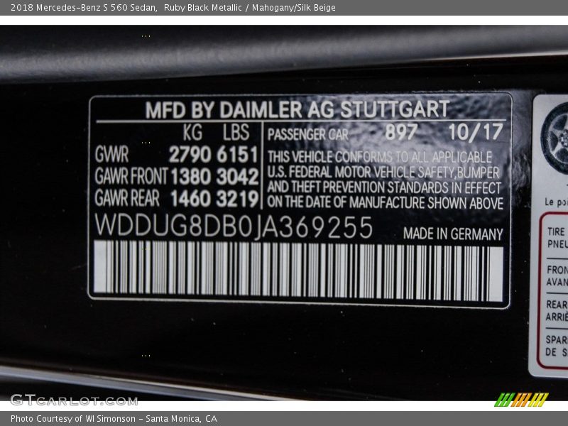 2018 S 560 Sedan Ruby Black Metallic Color Code 897