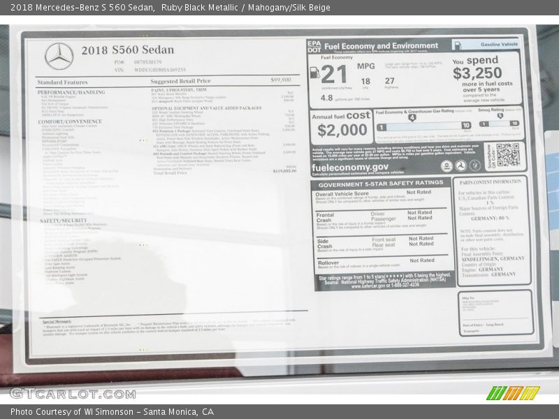  2018 S 560 Sedan Window Sticker