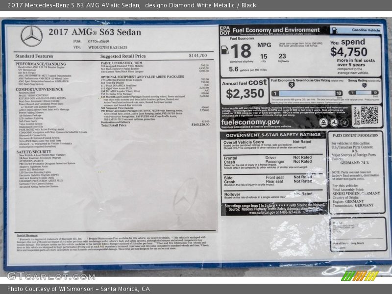  2017 S 63 AMG 4Matic Sedan Window Sticker