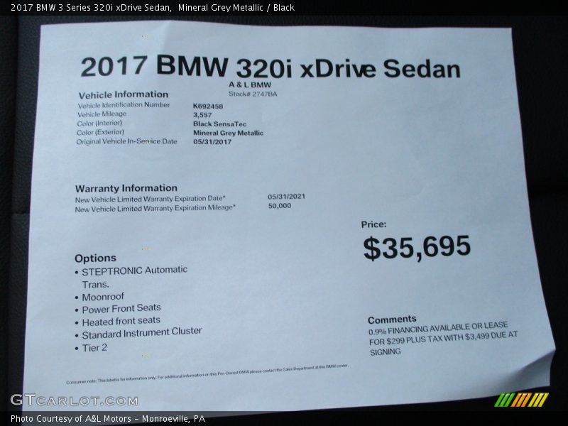 Mineral Grey Metallic / Black 2017 BMW 3 Series 320i xDrive Sedan