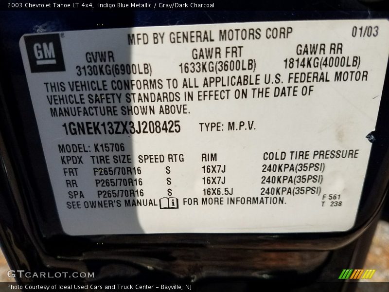 Indigo Blue Metallic / Gray/Dark Charcoal 2003 Chevrolet Tahoe LT 4x4