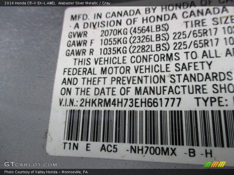 Alabaster Silver Metallic / Gray 2014 Honda CR-V EX-L AWD