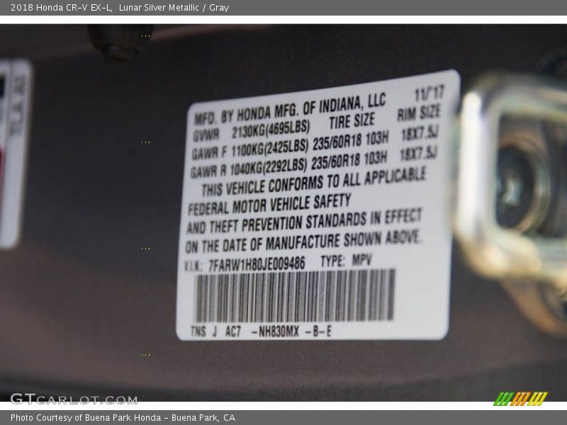 Lunar Silver Metallic / Gray 2018 Honda CR-V EX-L