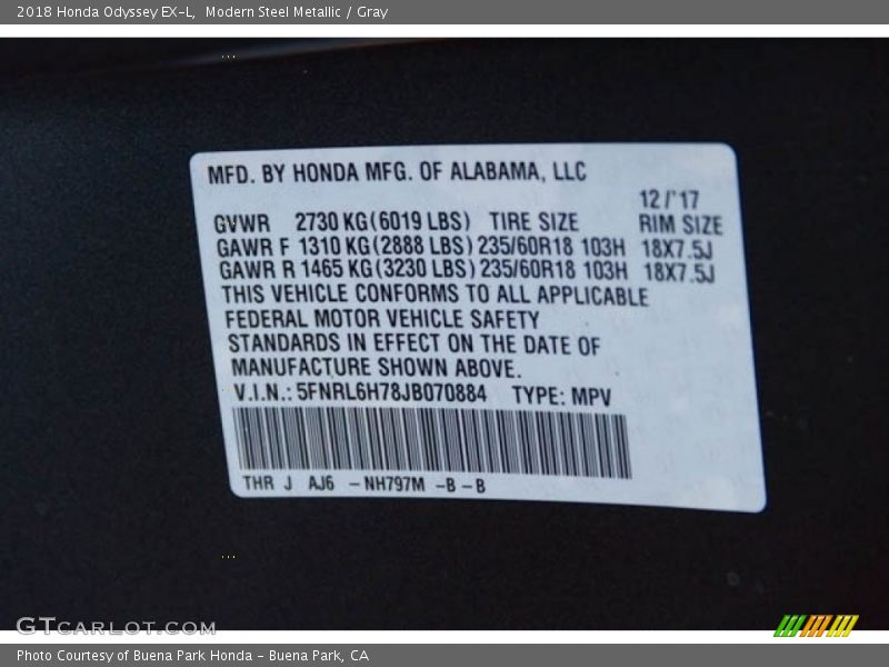 Modern Steel Metallic / Gray 2018 Honda Odyssey EX-L