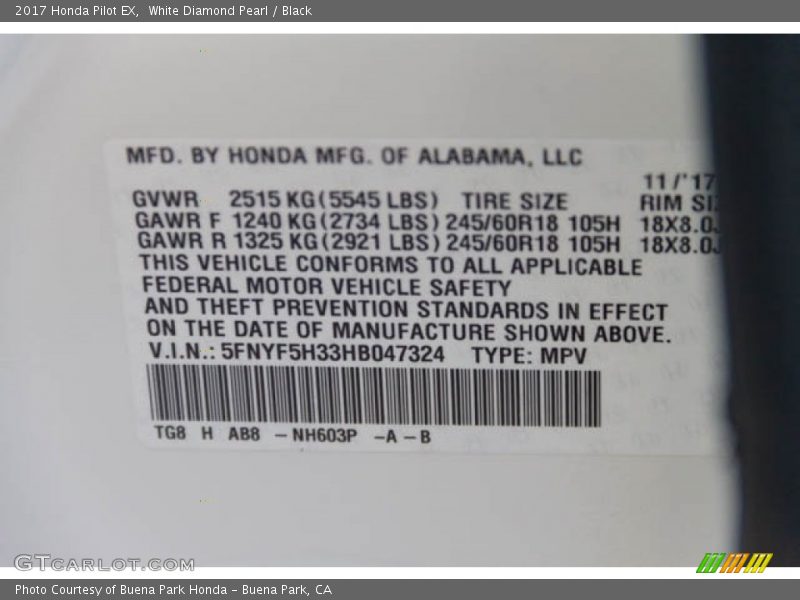 White Diamond Pearl / Black 2017 Honda Pilot EX