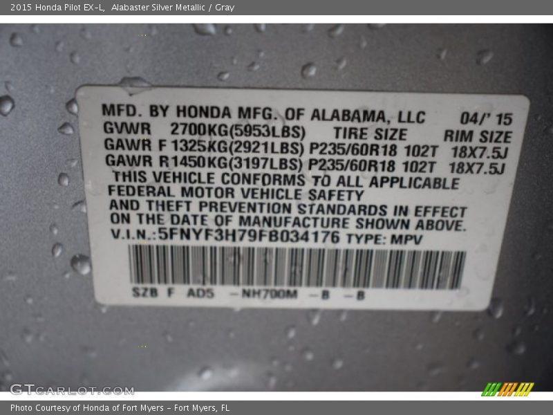 Alabaster Silver Metallic / Gray 2015 Honda Pilot EX-L