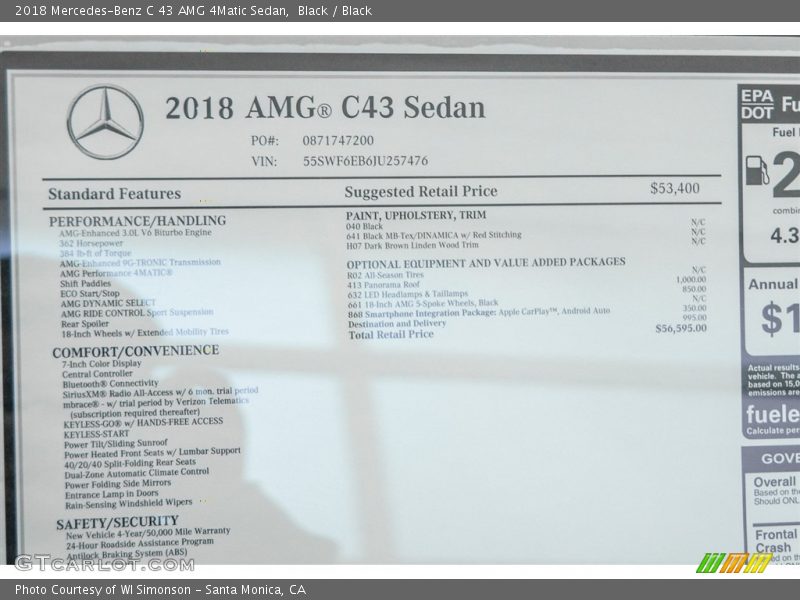  2018 C 43 AMG 4Matic Sedan Window Sticker
