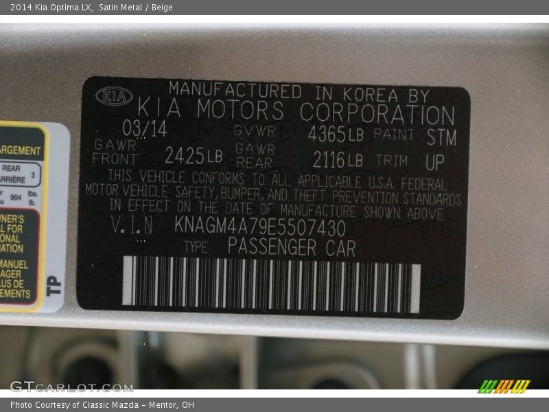 Satin Metal / Beige 2014 Kia Optima LX