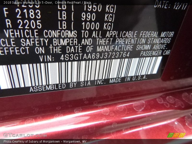 Crimson Red Pearl / Black 2018 Subaru Impreza 2.0i 5-Door