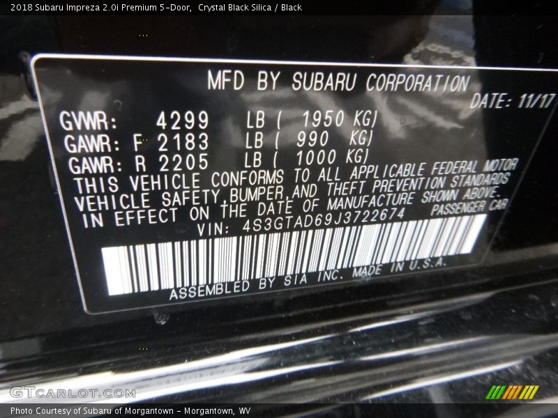 Crystal Black Silica / Black 2018 Subaru Impreza 2.0i Premium 5-Door