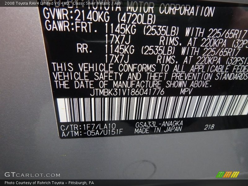 Classic Silver Metallic / Ash 2008 Toyota RAV4 Limited V6 4WD