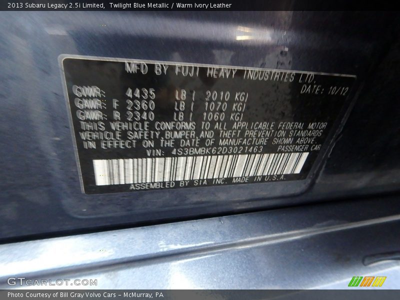 Twilight Blue Metallic / Warm Ivory Leather 2013 Subaru Legacy 2.5i Limited