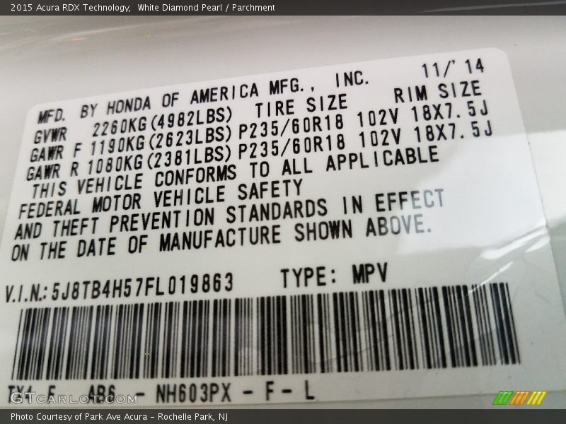White Diamond Pearl / Parchment 2015 Acura RDX Technology
